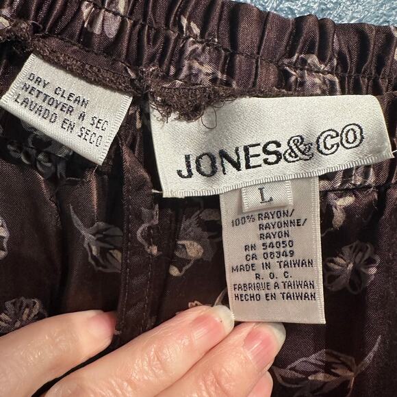 Jones & Co. Large Wide Leg Pants Chocolate Brown Floral Pull On Lounge Fall - Picture 3 of 5